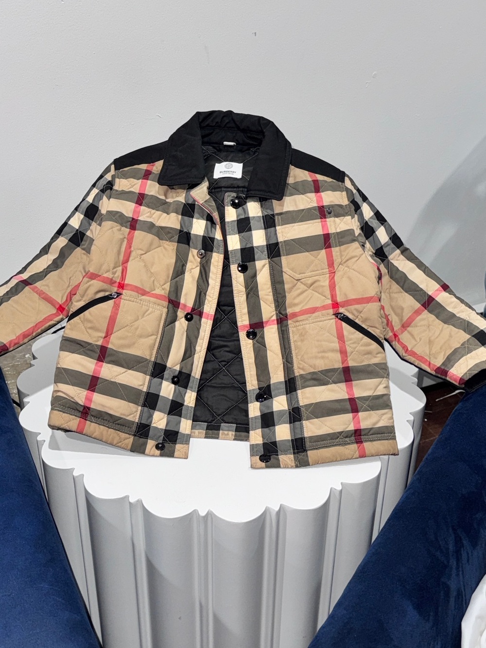 Burberry Beige Check Quilted Puffer Jacket with Black Trim